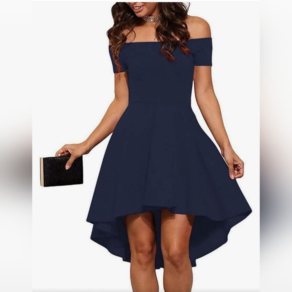 Sarin Mathews Navy Fit and Flare Off-Shoulder Dress Hi Low Hem Size Medium M